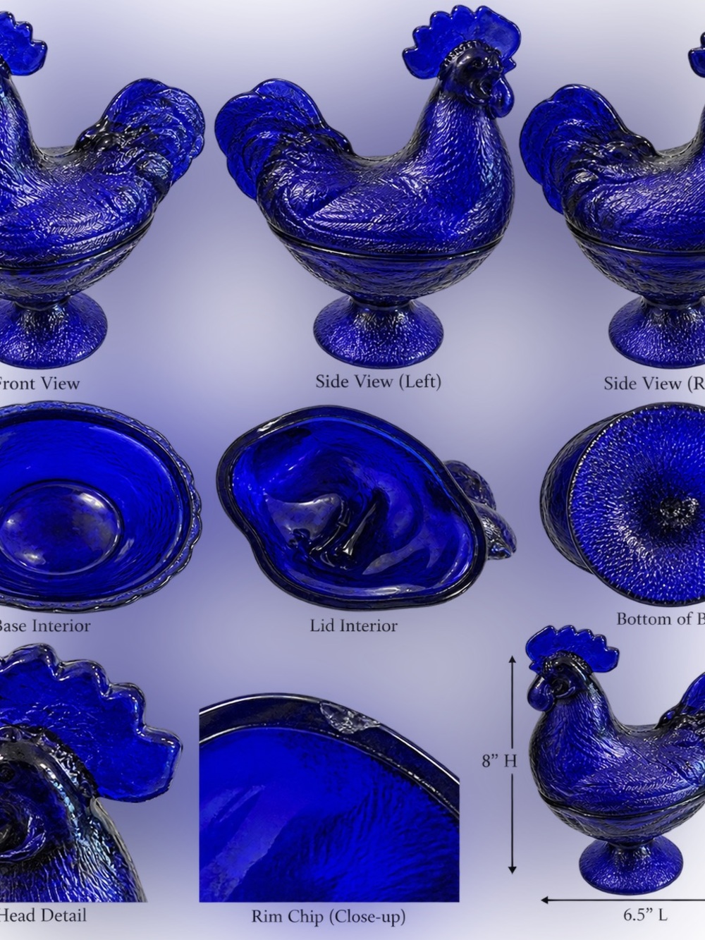 Vintage Cobalt Blue Glass Rooster on Nest Pedestal Covered Dish